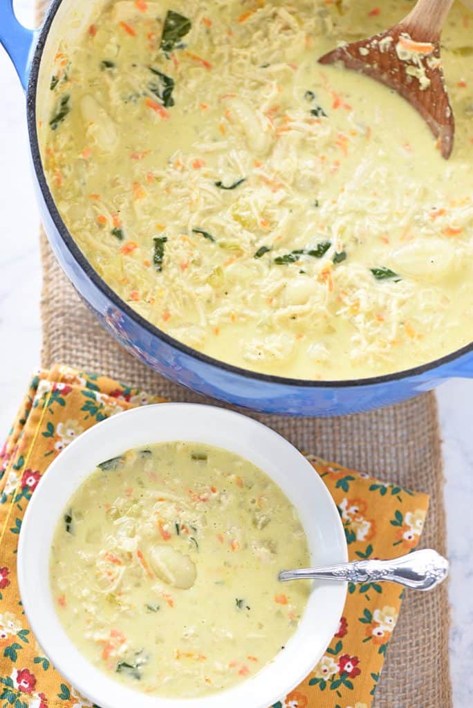Olive Garden Chicken and Gnocchi Soup is my favorite soup, and now I can make it myself at home. Hearty soup with chicken, spinach, and gnocchi. Delicious lunch or dinner idea!