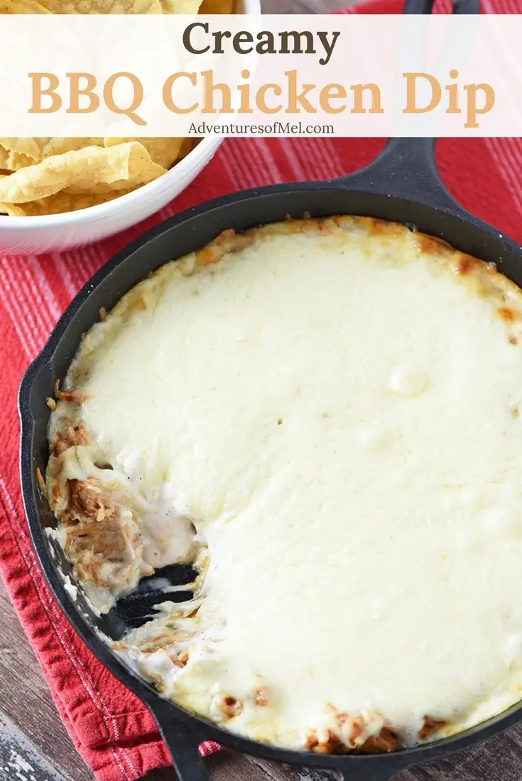 Creamy BBQ Chicken Dip, made with 5 simple ingredients, including cream cheese. Easy appetizer recipe. Makes a delicious Game Day snack and perfect party food.