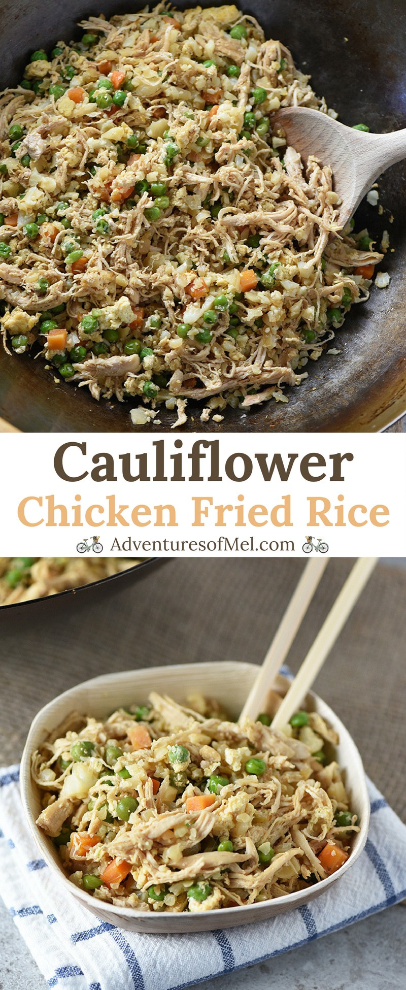 Cauliflower Chicken Fried Rice is a healthier version of your favorite takeout food. Made with riced cauliflower, chicken, eggs, and veggies, it's a delicious dinner idea the whole family will love!