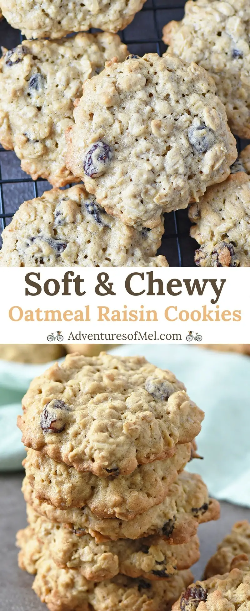Oatmeal Raisin Cookies, made with brown sugar, cinnamon, and oatmeal, have a crispy outer edge and a soft, chewy middle. Delicious cookie recipe!