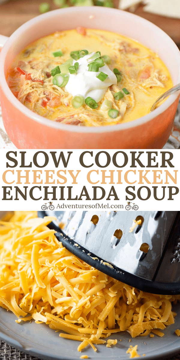 Slow cooker chicken enchilada soup recipe with shredded cheddar cheese