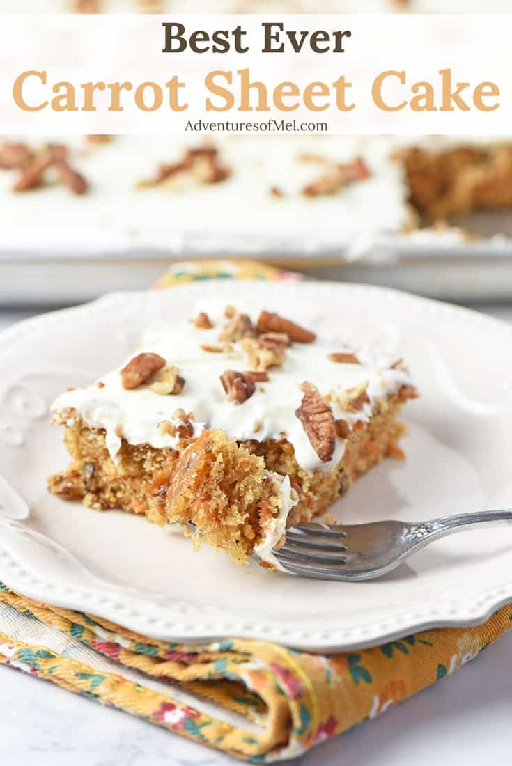 Slice of the best ever carrot cake sheet cake on a white plate with a bite on a fork