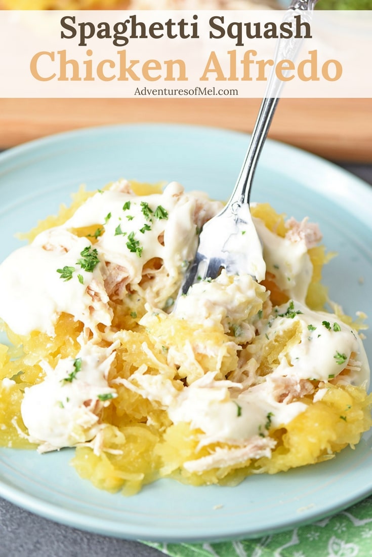 Spaghetti Squash Chicken Alfredo with fork on a plate