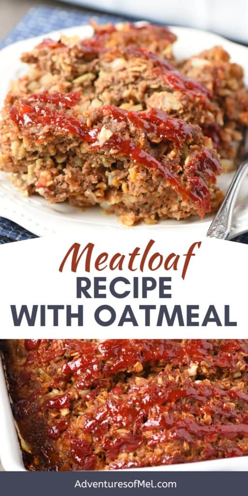 sliced meatloaf on white plate with fork, meatloaf in white baking dish