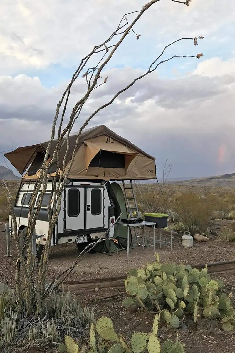 Big Bend primitive camping with a rooftop tent and camp trailer