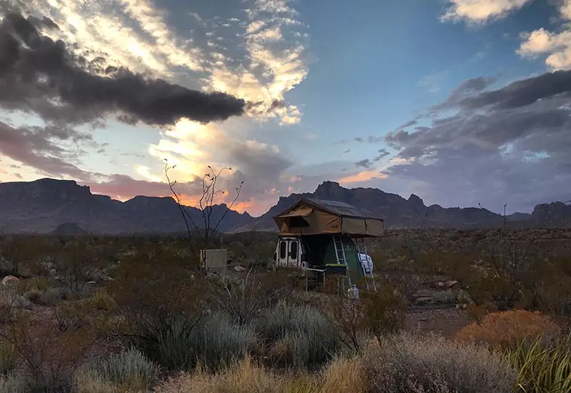 backcountry camping in Big Bend National Park with a rooftop tent and camp trailer
