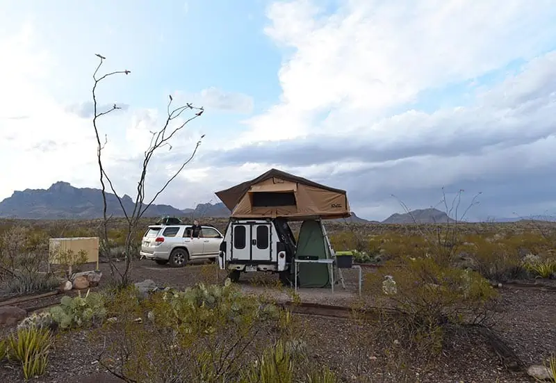 dispersed camping with rooftop Tent, camp trailer, and Toyota 4Runner at Robbers Roost campsite off Juniper Canyon Road in Big Bend in Texas