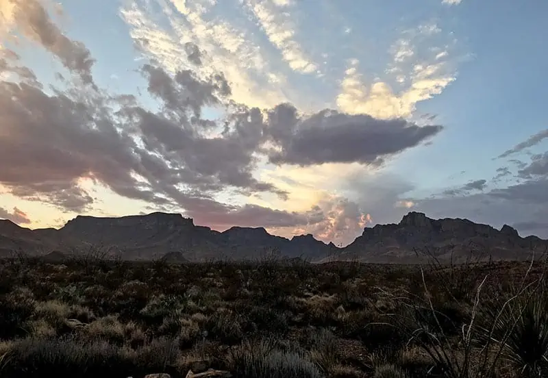 beautiful sunset over the Chisos Mountains while camping in Big Bend National Park