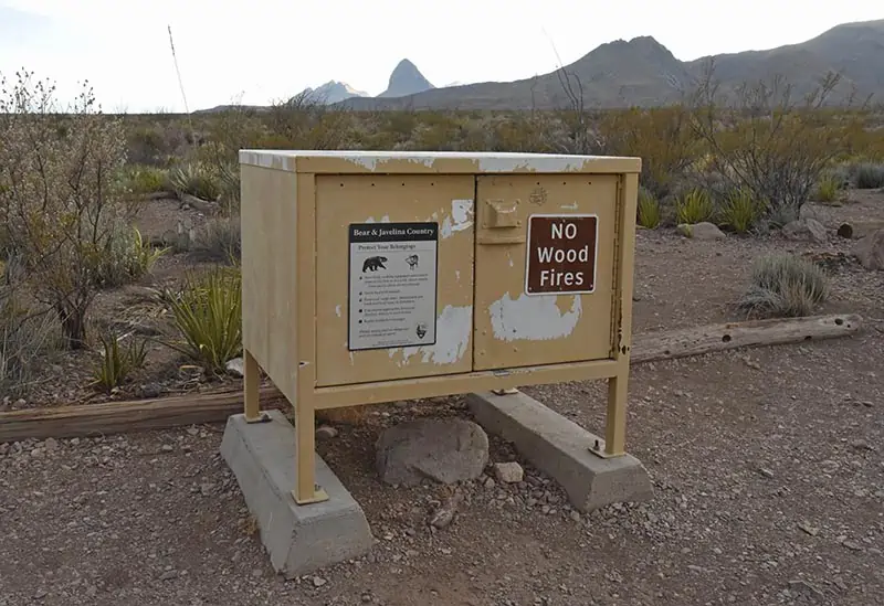 bear box at Robbers Roost campsite, with a view of Elephant Tusk, in Big Bend National Park