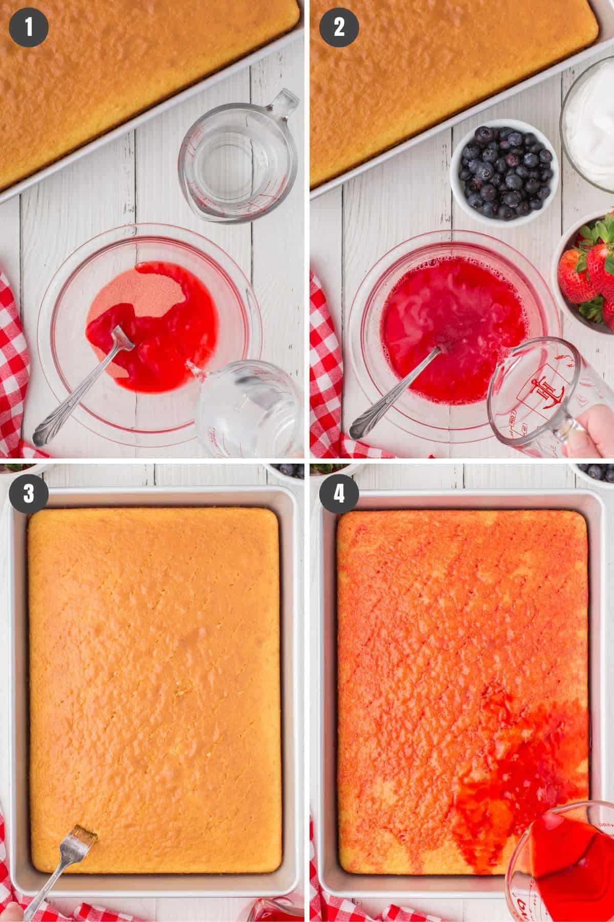 4 step photo collage showing how to make a 4th of July poke cake