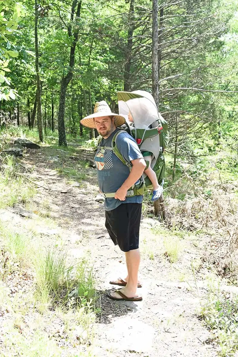 Hiking with a baby carrier in Pea Ridge National Military Park in Arkansas