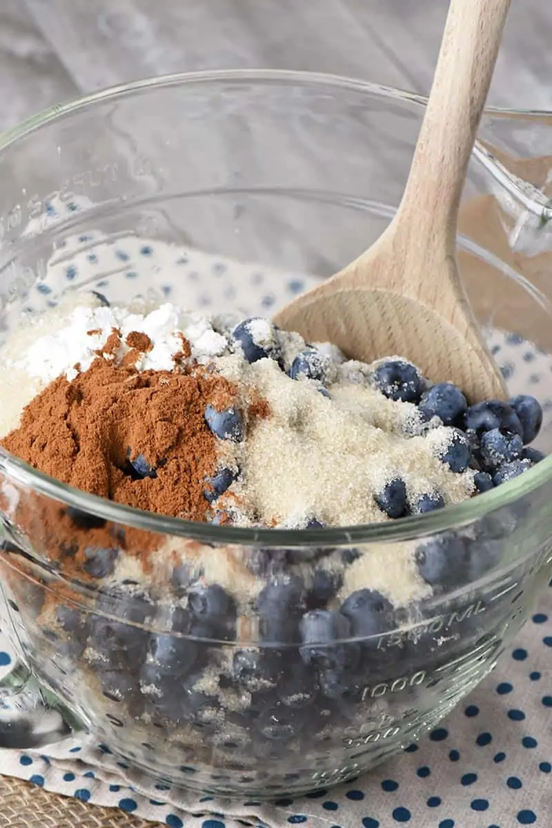 blueberries, sugar, and other ingredients in mixing bowl for recipe for blueberry cobbler