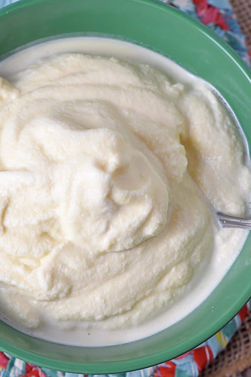 homemade vanilla ice cream in a green pioneer woman bowl