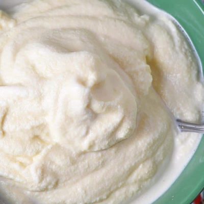 old fashioned homemade vanilla ice cream in a green pioneer woman bowl
