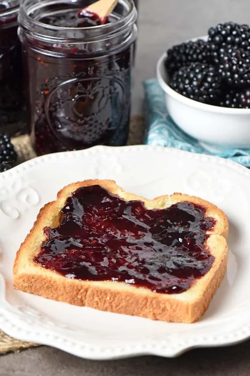blackberry freezer jam on toast on white plate