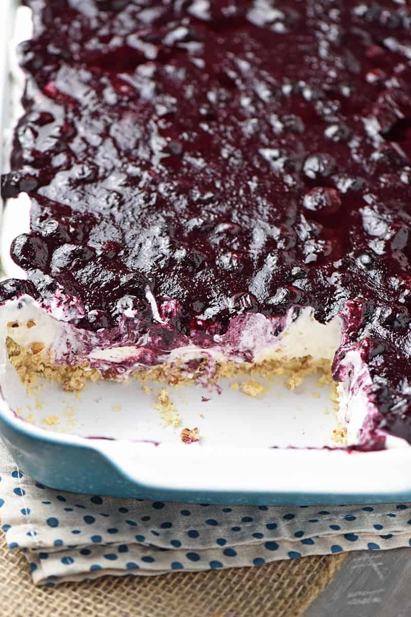 simple and easy no bake blueberry dessert in baking dish