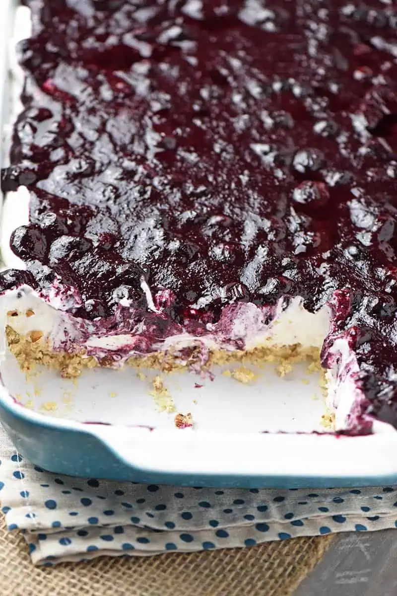 simple and easy no bake blueberry yum yum recipe in baking dish