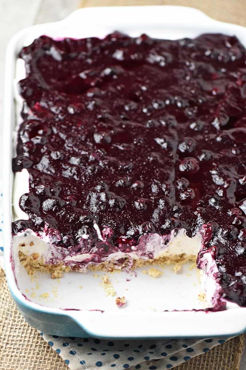 creamy blueberry delight in blue baking dish