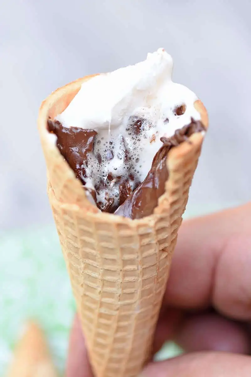 sugar cone s'mores with chocolate chips and mini marshmallows