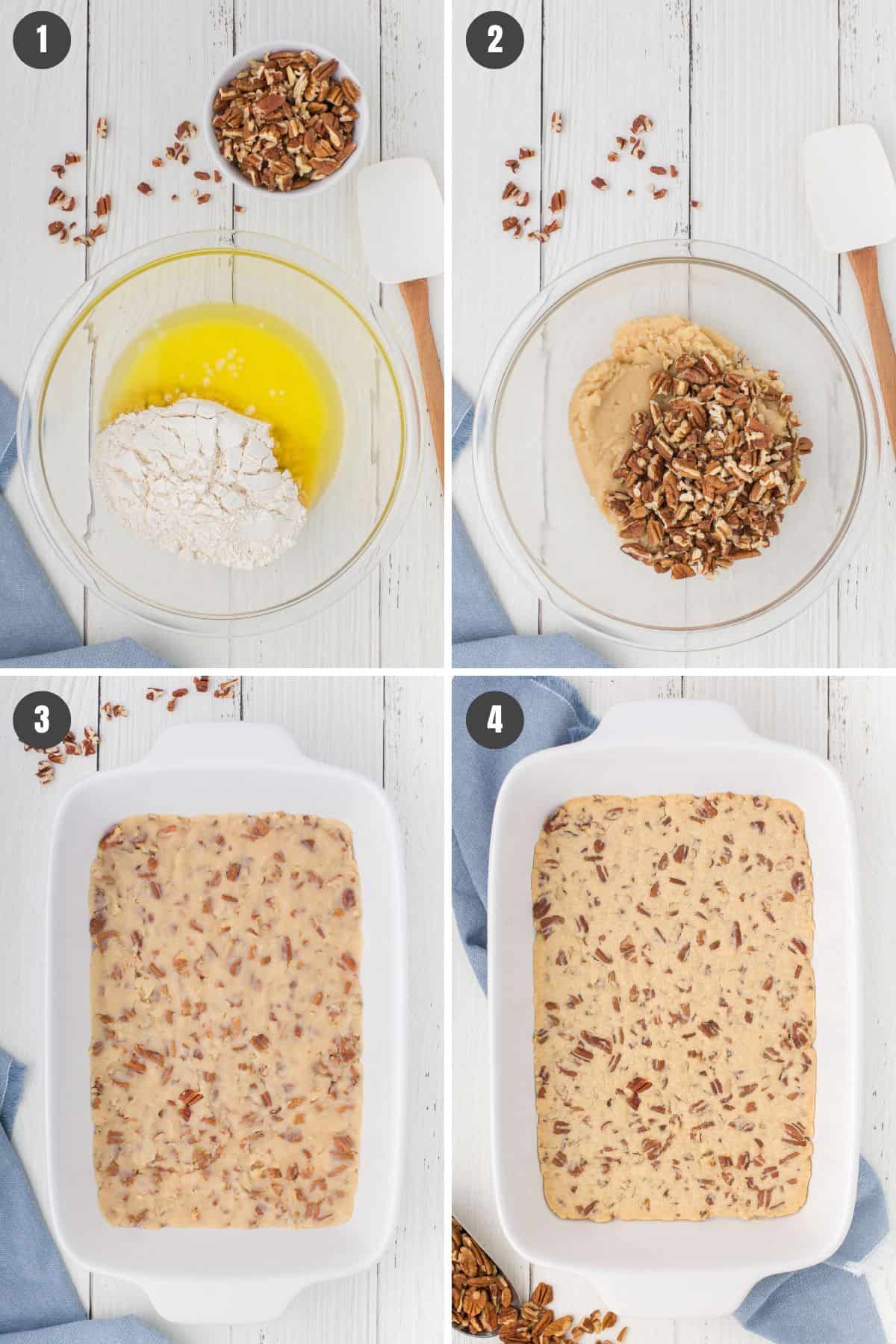 4 step photo collage showing how to make a pecan pie crust with just 3 ingredients