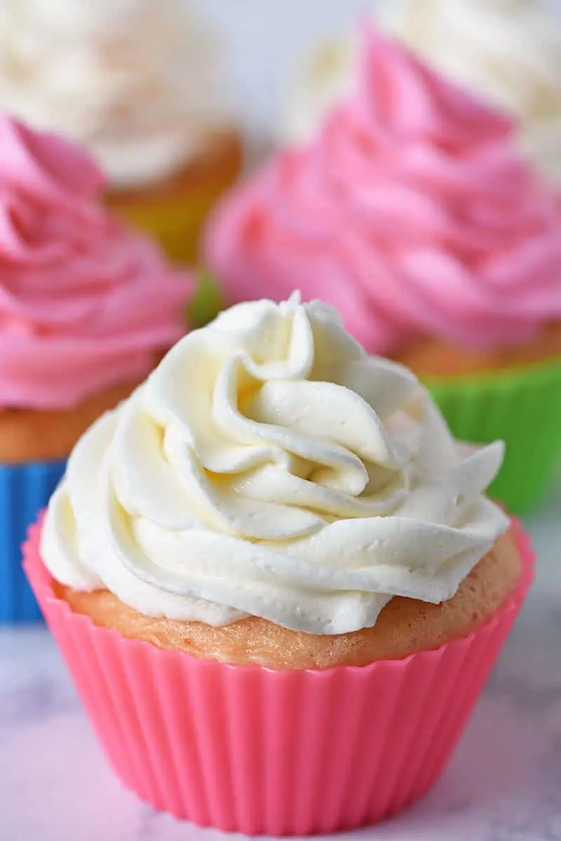 best buttercream frosting on a cherry chip cupcake