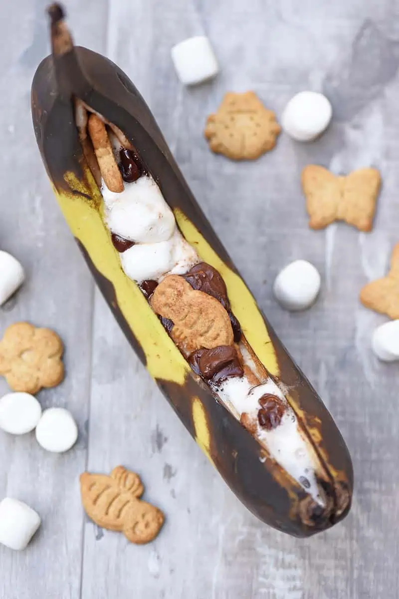 s'mores in a banana with Teddy Grahams, mini marshmallows, and Ghirardelli chocolate chips