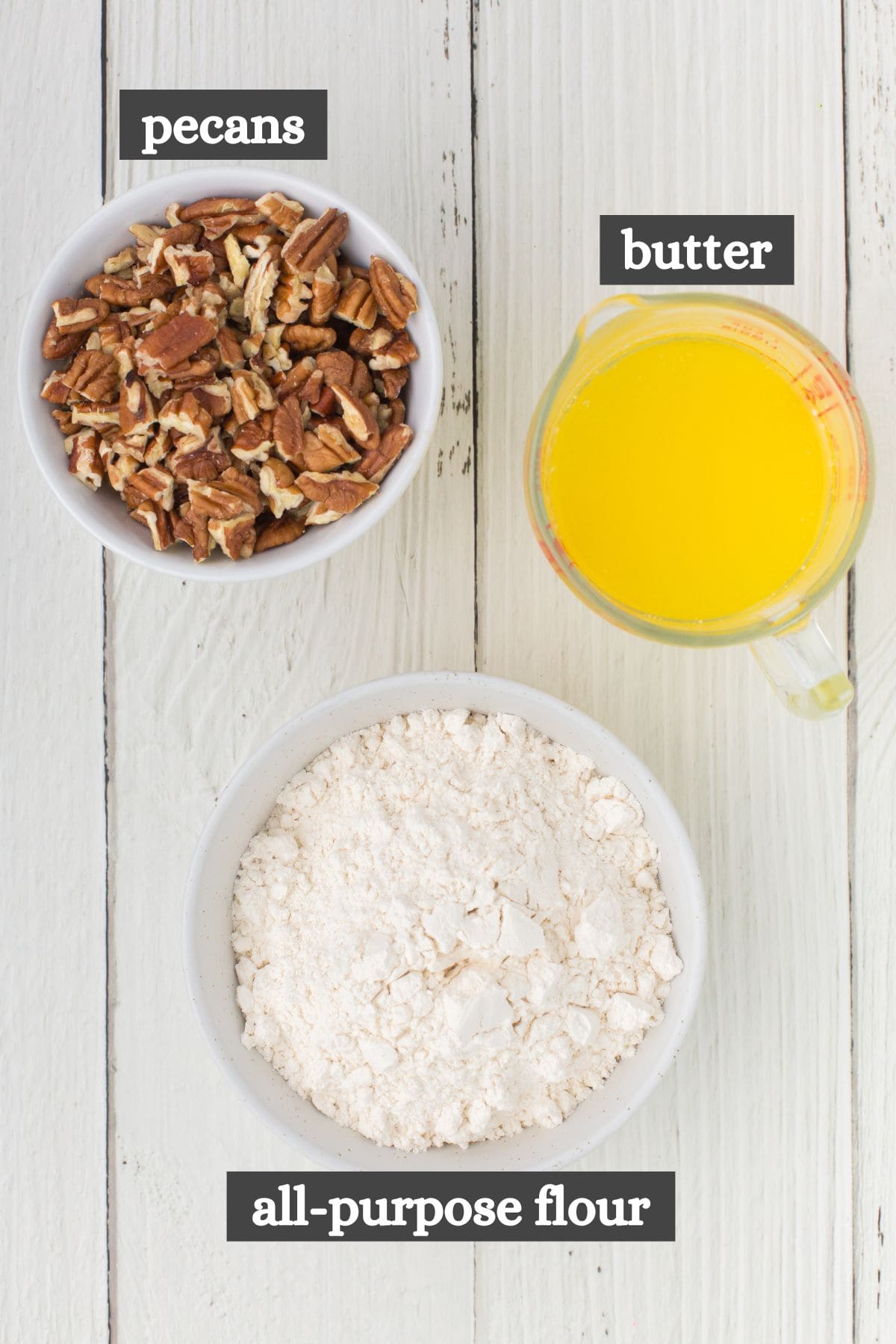 pecan pie crust ingredients lined out on a white countertop