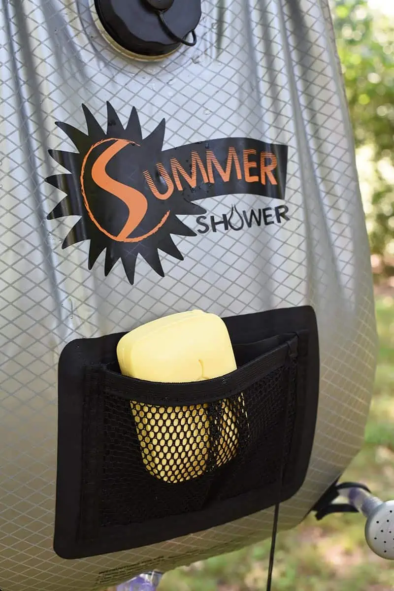 soap holder pocket on outdoor shower for camping