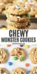 double image of chewy monster cookies, in stack on countertop and cookies on white marble countertop with M&M's and bite out of one cookie