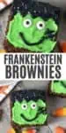 double image of Frankenstein brownies on wood countertop, one close up, one with candy corn and other brownie around it