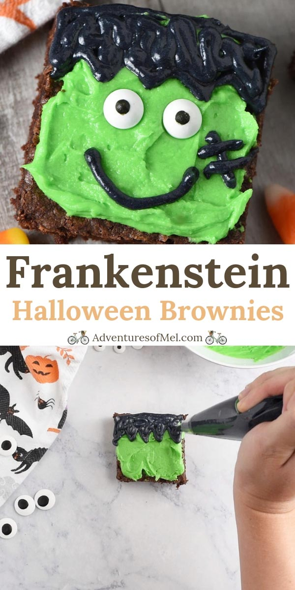 Frankenstein decorated Halloween brownies with candy corn