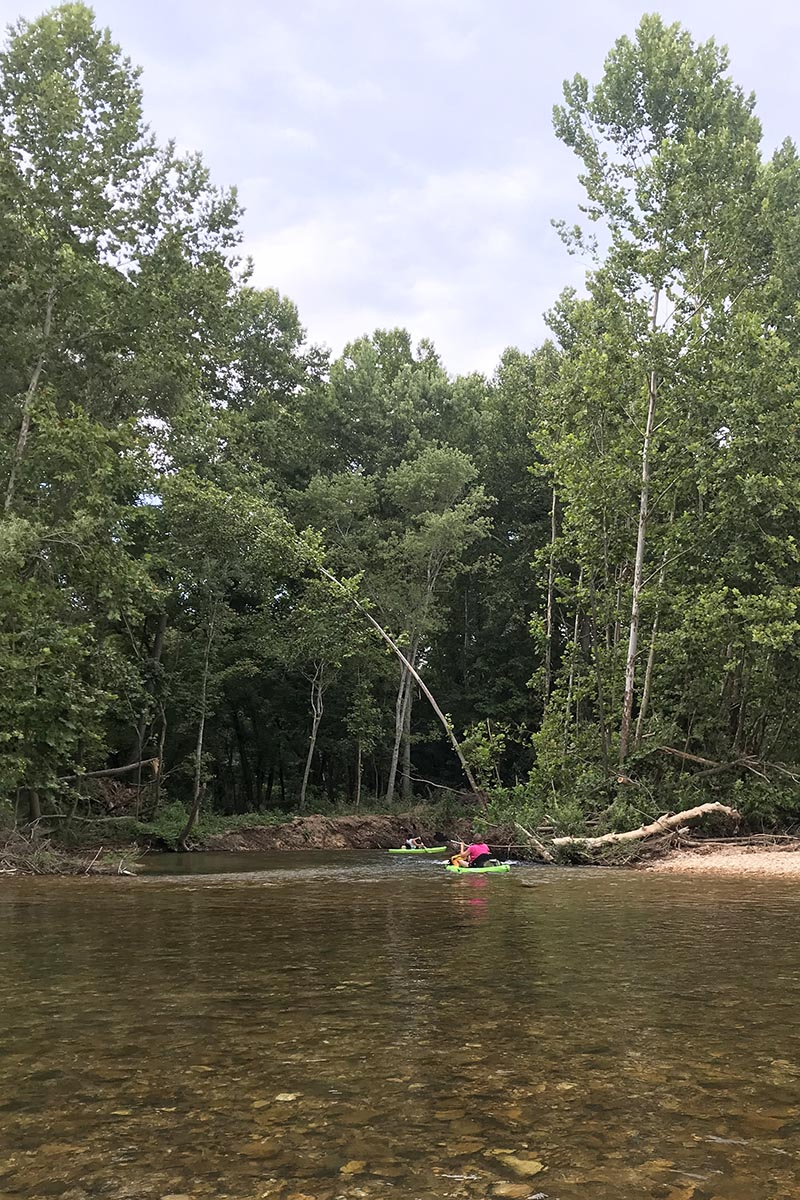 kayaks navigating fork in the Jacks Fork River