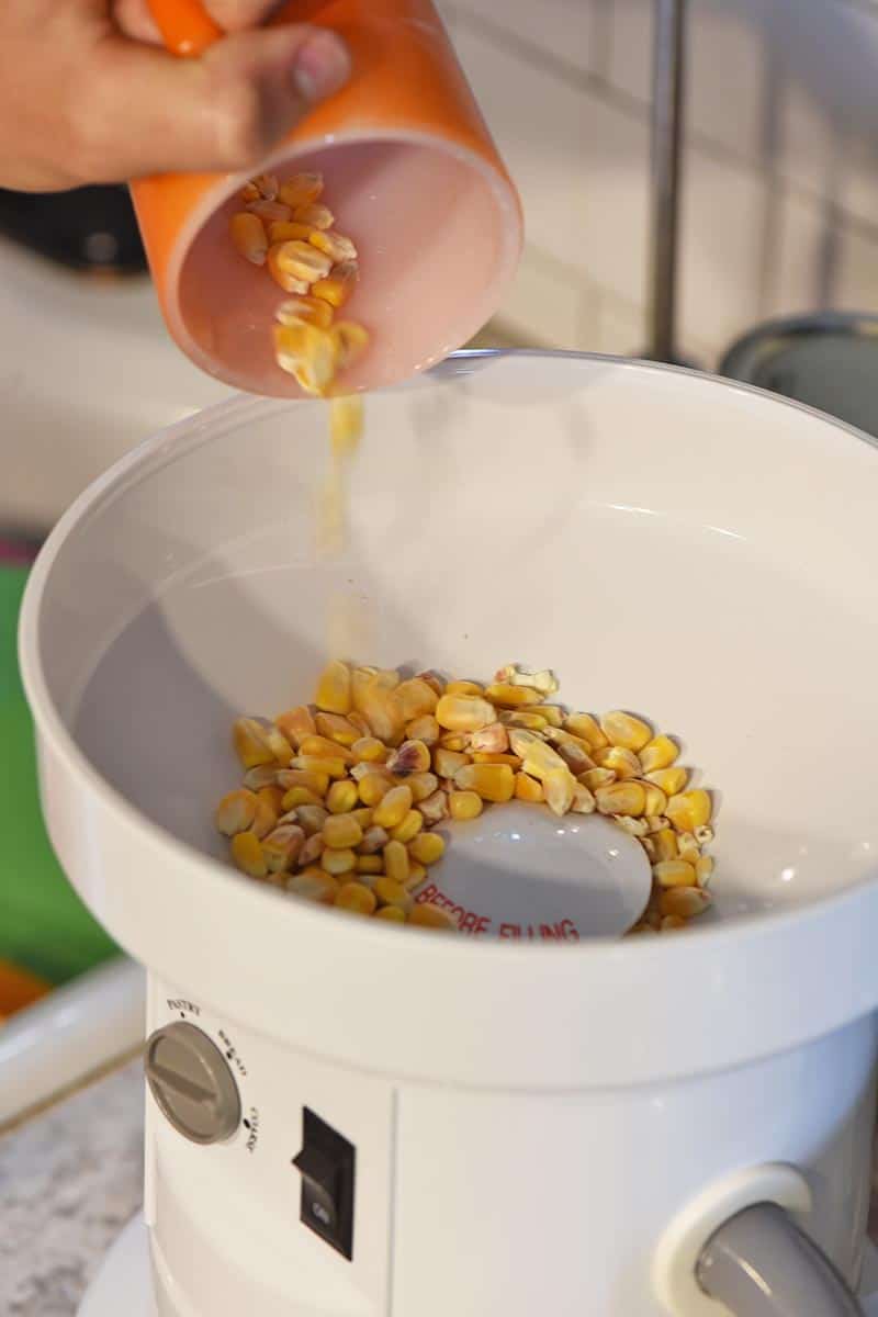 milling dried field corn in WonderMill for homemade buttermilk cornbread