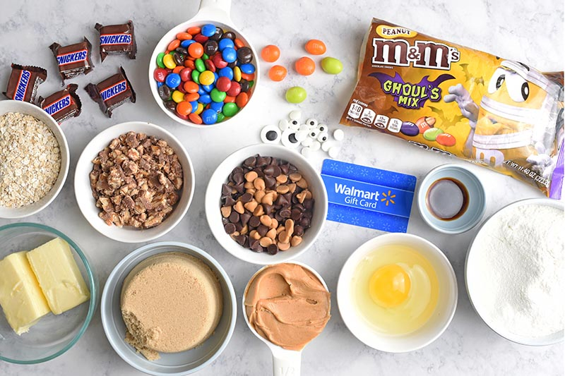 ingredients for monster cookies including Mars Halloween candy from Walmart