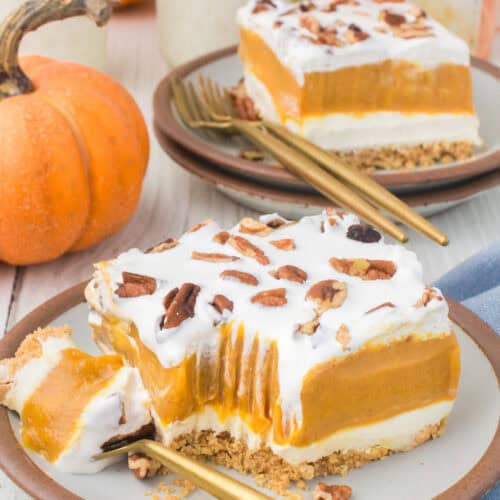 pumpkin delight no bake dessert served up on a small gray decorative plate