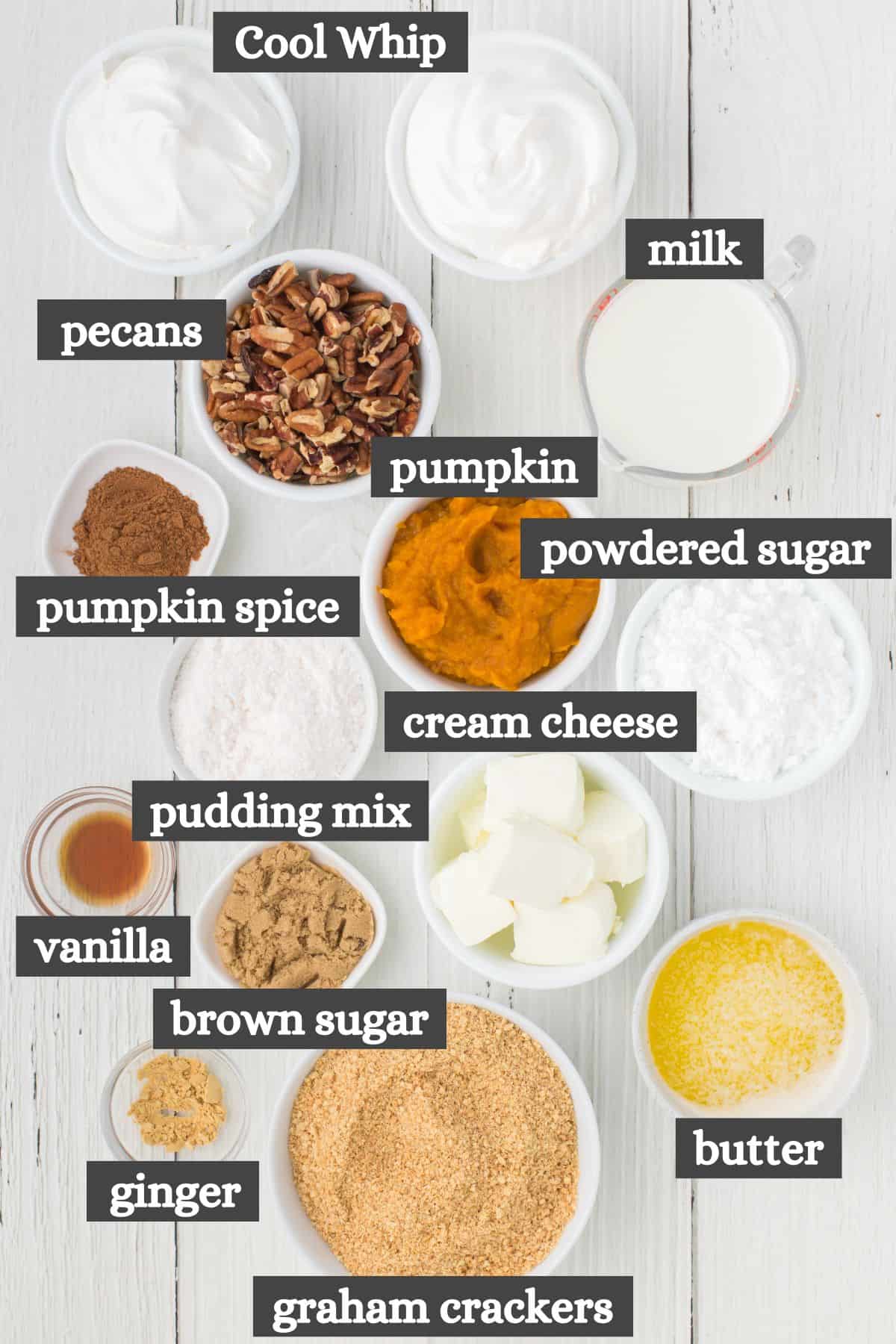 pumpkin delight recipe ingredients lined out on a white countertop
