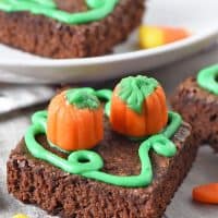 homemade pumpkin patch halloween brownies with candy corn and candy corn pumpkins