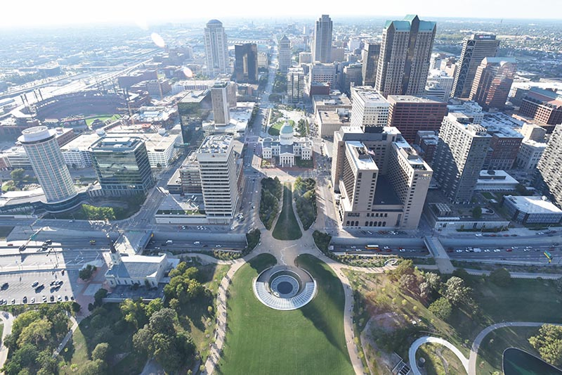 view of the city of St. Louis from the top of the Arch