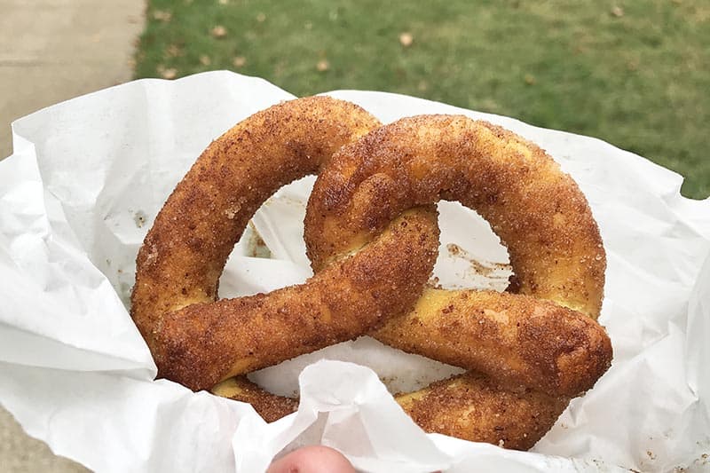 cinnamon sugar pretzel from Gus' Pretzel, favorite St. Louis foods to try