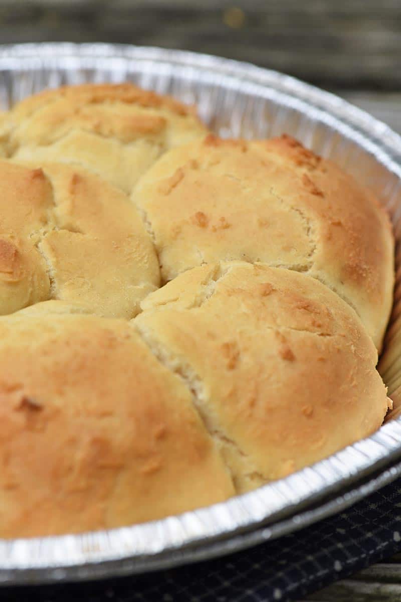 easy drop biscuits in a tin foil pie plate for camping