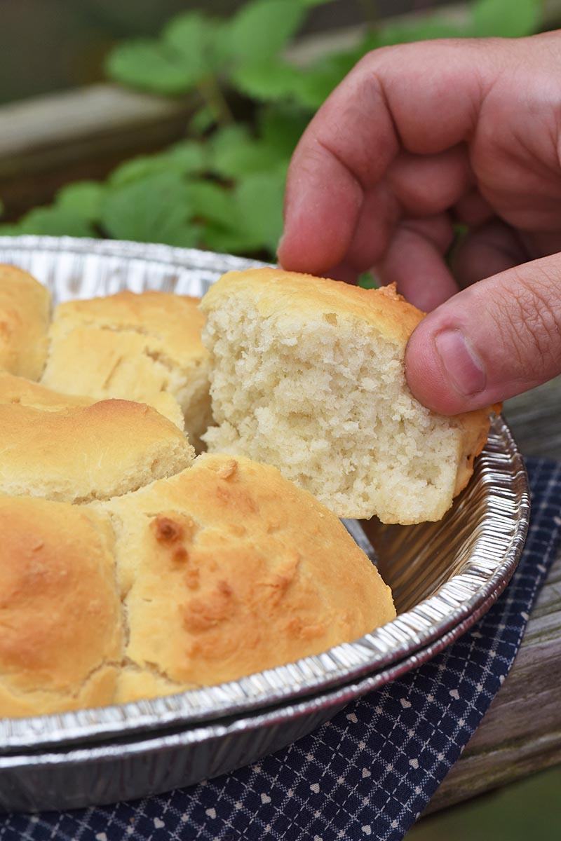 fluffy Bisquick drop biscuits cooked on a grill or over a campfire