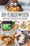 Halloween movie night snacks in collage photo, including spider cookies, Frankenstein brownies, monster cookies, Corn Flake bars, and mummy brownies