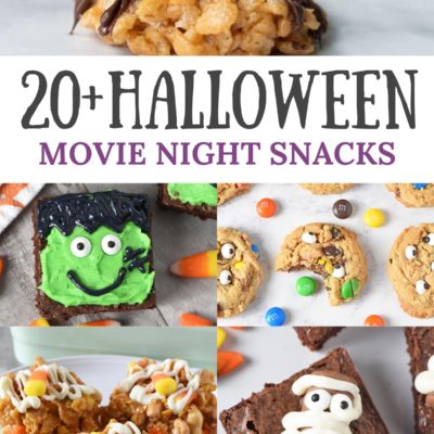 Halloween movie night snacks in collage photo, including spider cookies, Frankenstein brownies, monster cookies, Corn Flake bars, and mummy brownies