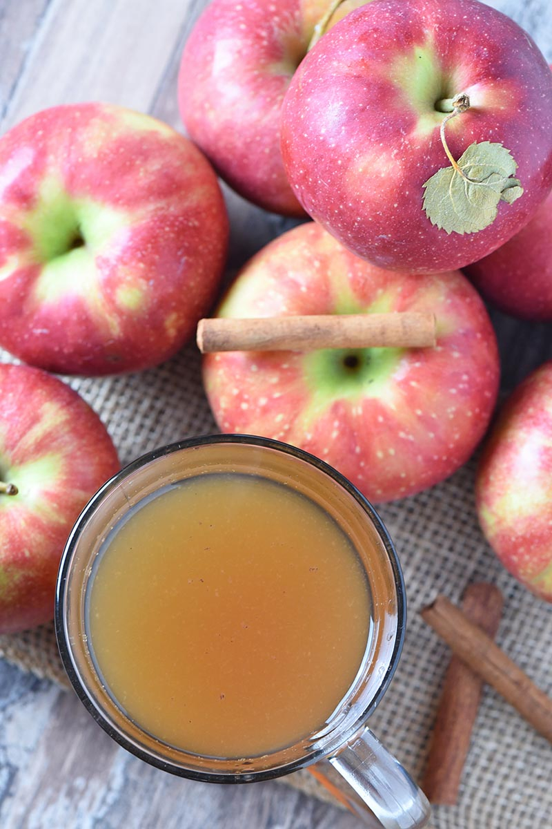 mug of hot cider, mulled cider recipe, with apples and cinnamon sticks
