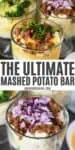 mashed potato bar with mashed potatoes in glass trifle dishes and mashed potato toppings, including bacon bits, cheese sauce, and chives; and sloppy joe meat with red onions