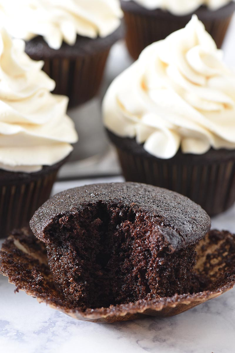 bite out of moist chocolate cupcakes