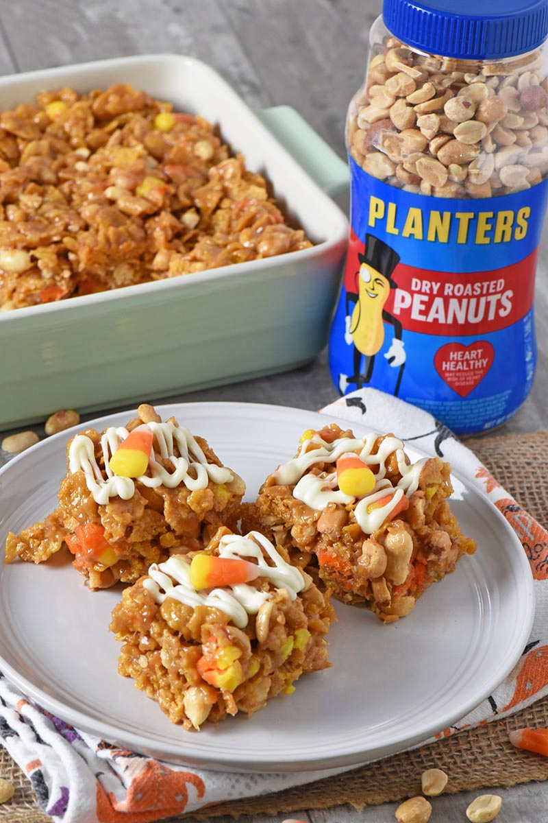 no bake peanut butter bars Halloween treats for kids with jar of PLANTERS peanuts