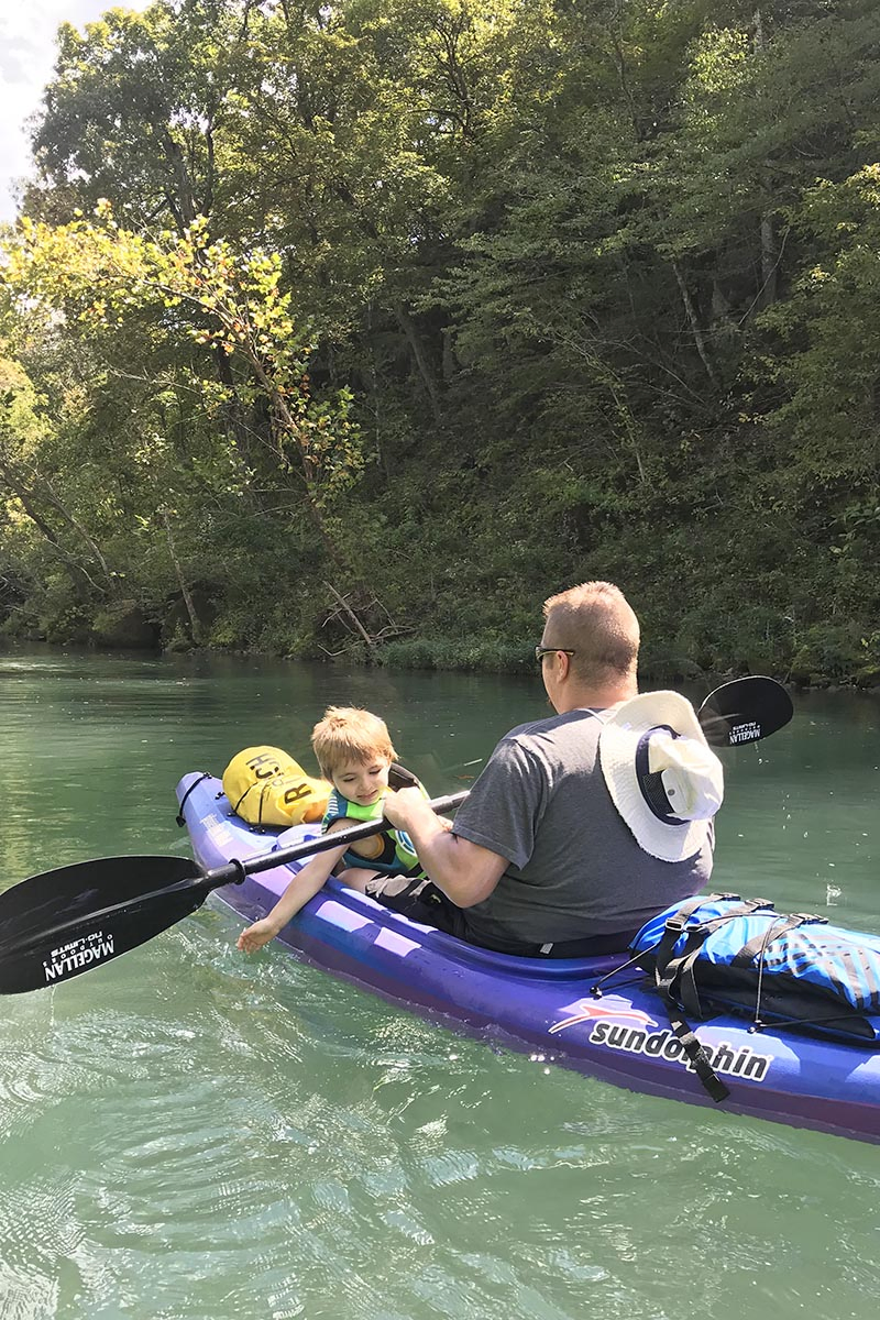 kayaking with a toddler on the Current River on Ozark National Scenic Riverways