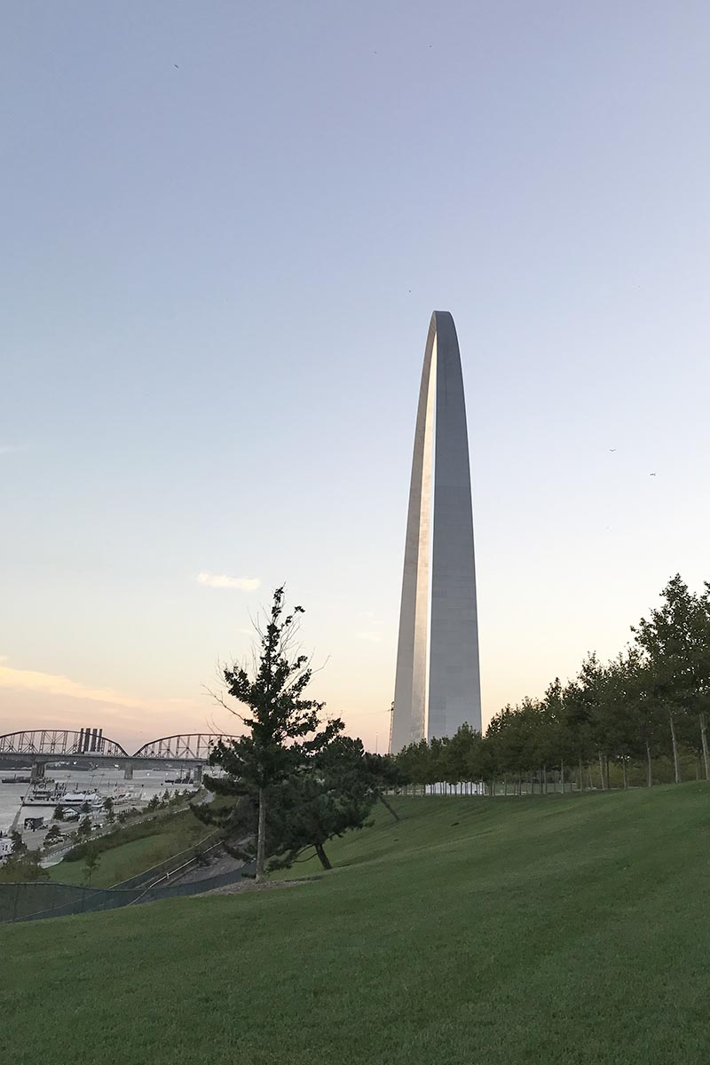 the St. Louis Arch on the Mississippi Riverfront at sunset