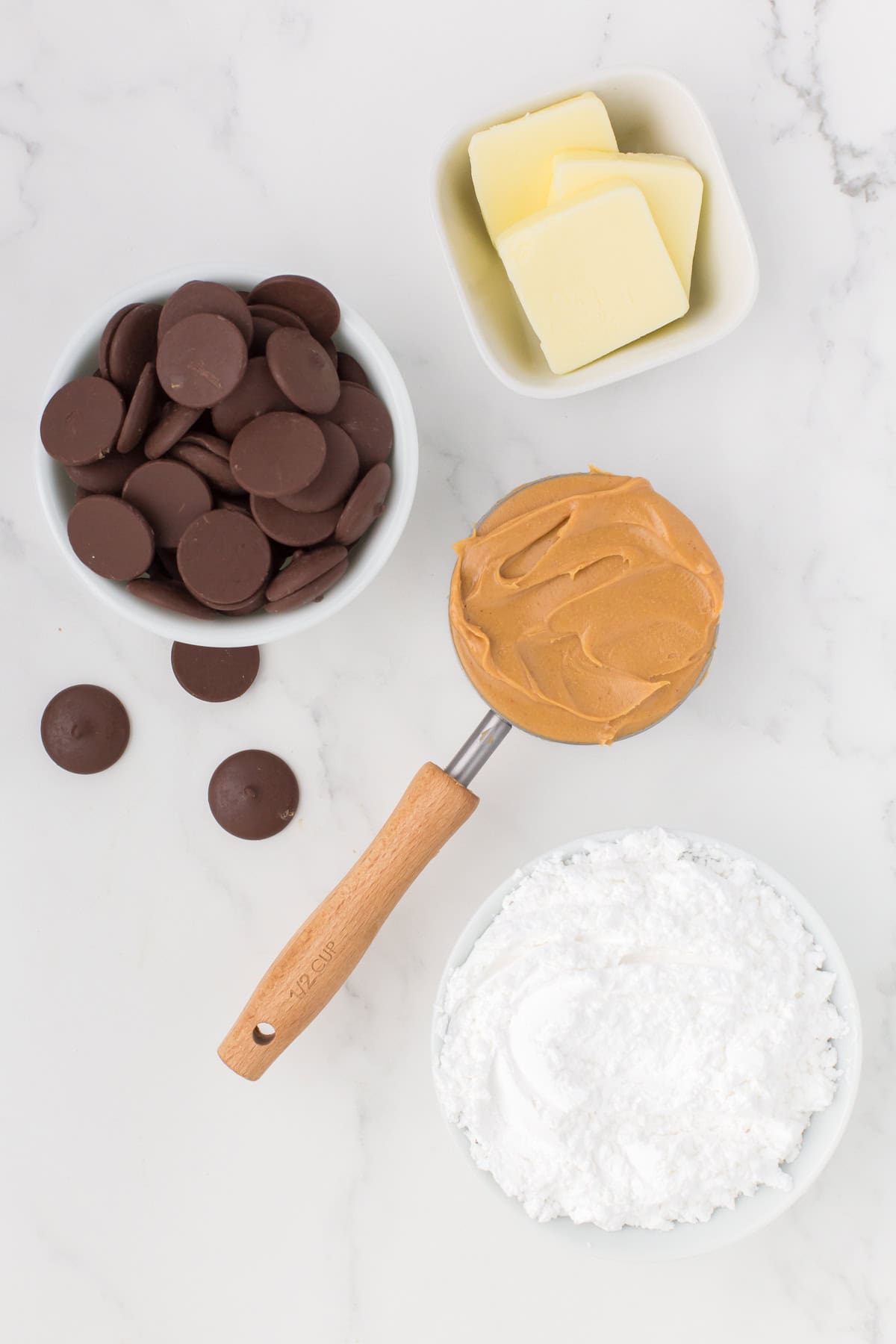 overhead shot showing buckeye recipe ingredients lined out on a white countertop